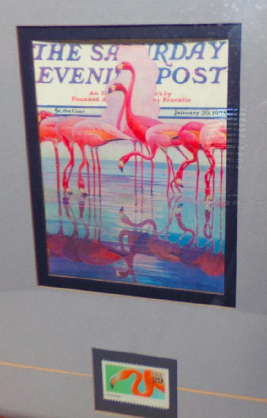 Framed & Matted Saturday Evening Post “Florida Flamingo” 1938 Print + 1992 Stamp
